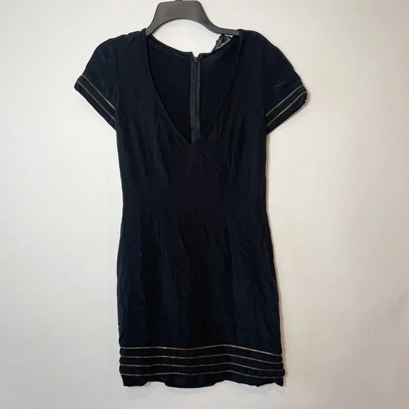 Jay Godfrey Womens Short Sleeve Mini Sheath Dress Black 8 V-Neck Zipper Trimmed - Picture 1 of 9
